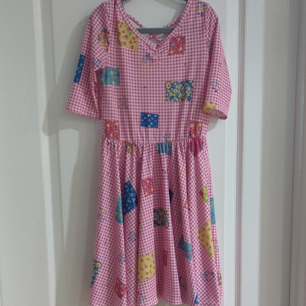 Dot Dot Smile EUC Sz 7 Pink Checkered Kids Dress with Colorful Patches